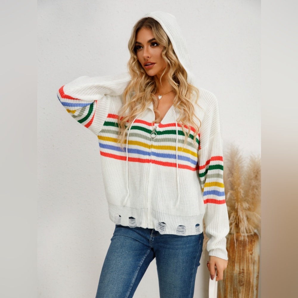 White and Colorful Striped Hooded Cardigan - Picture 5 of 7
